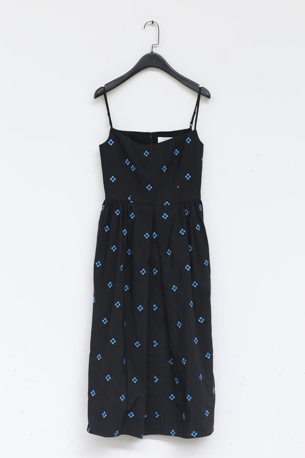 MING MA SS21 DR13-BKCN01 Embroidered Pleated Sling Dress (Blue Flower)